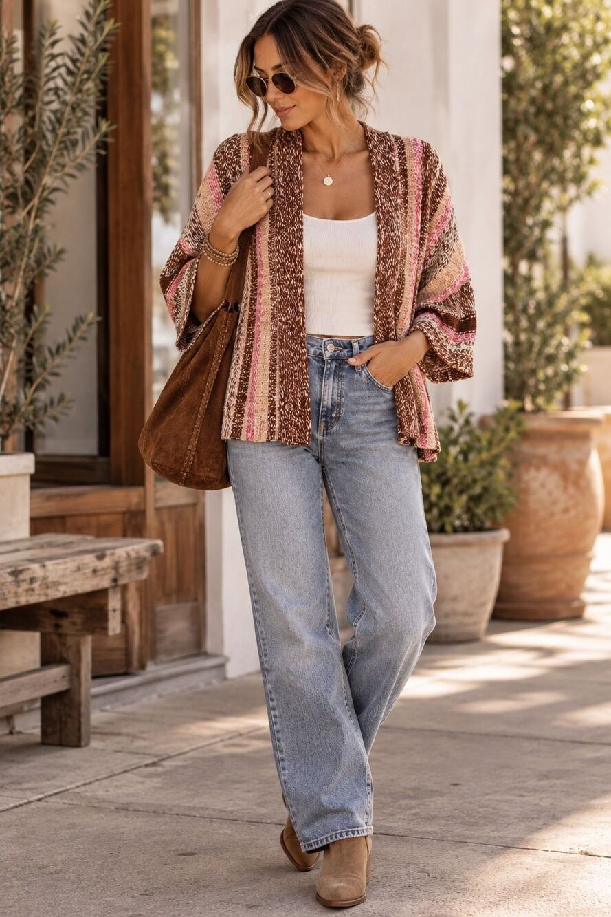 J.Jill Petite L Cardigan Sweater Brown Pink Striped Open Front Knit Boho Casual